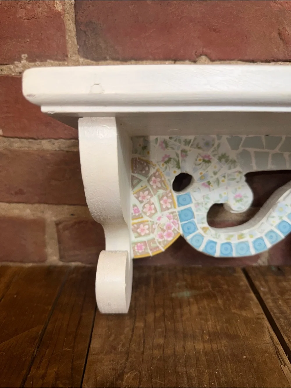 White Decorative Wall Shelf with Pastel Mosaic Accent Beach Coral Floral